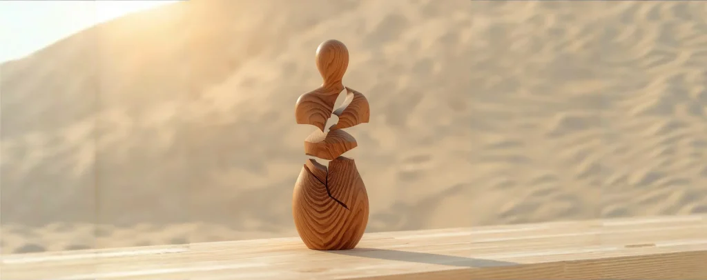 Silhouette en bois sculptée en plusieurs blocs empilés, laissant apparaître une feuille verte en son centre