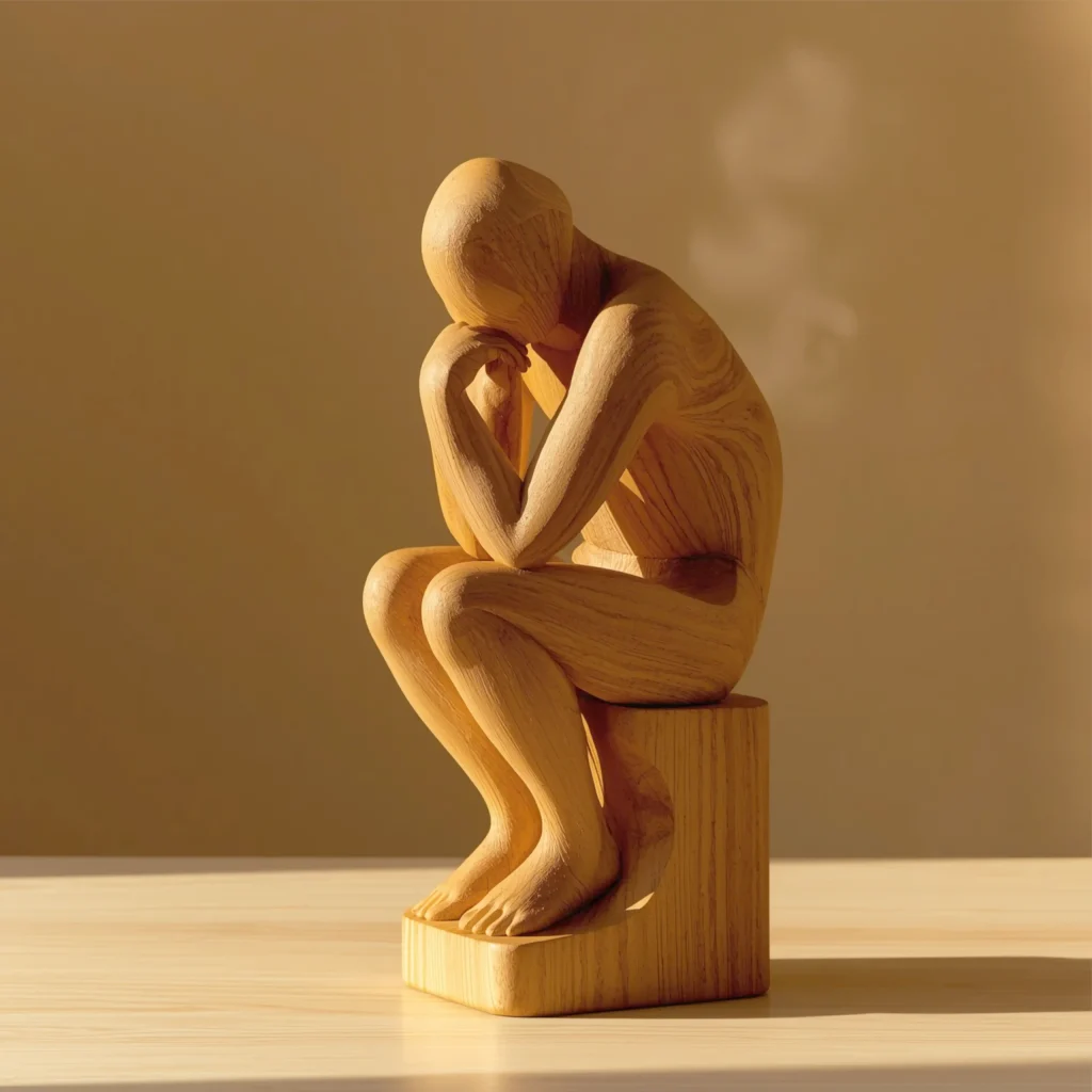 Silhouette humaine abstraite en bois dans une posture pensive, assise sur un socle en bois.