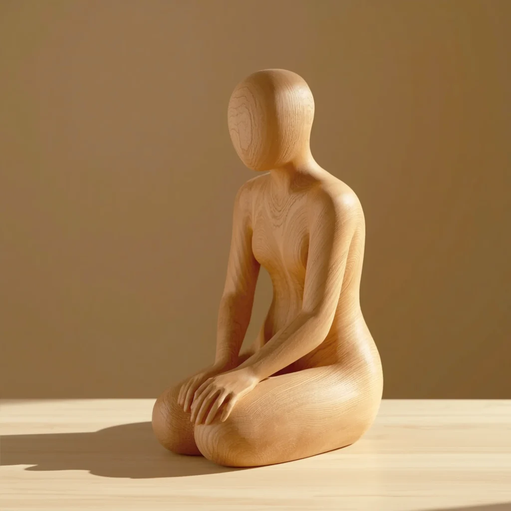 Silhouette humaine abstraite en bois assise dans une posture calme et contemplative.