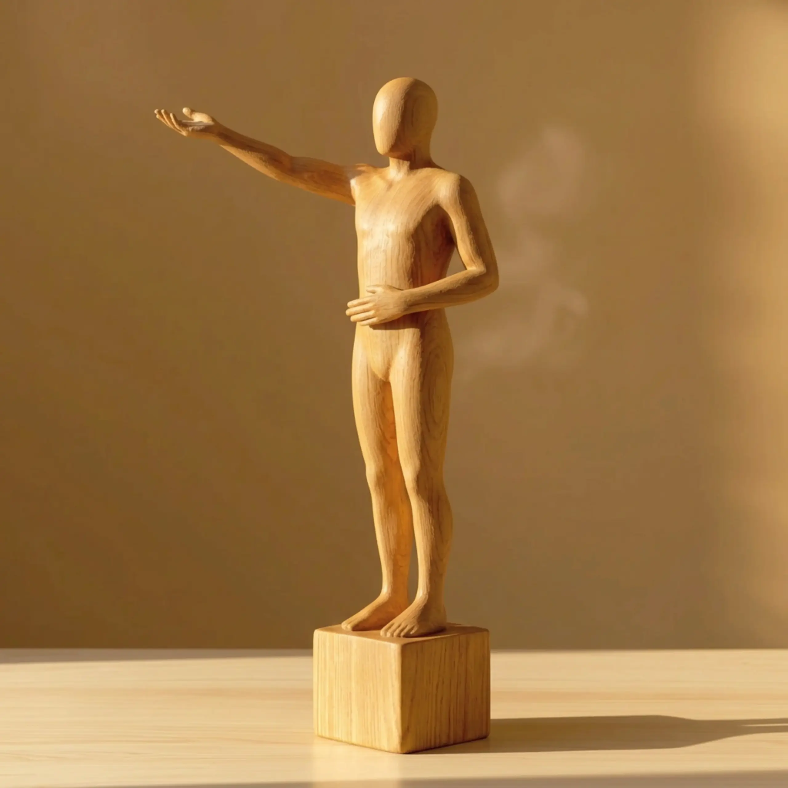 Figurine en bois dans une posture d'ouverture, bras étendu vers l'avant