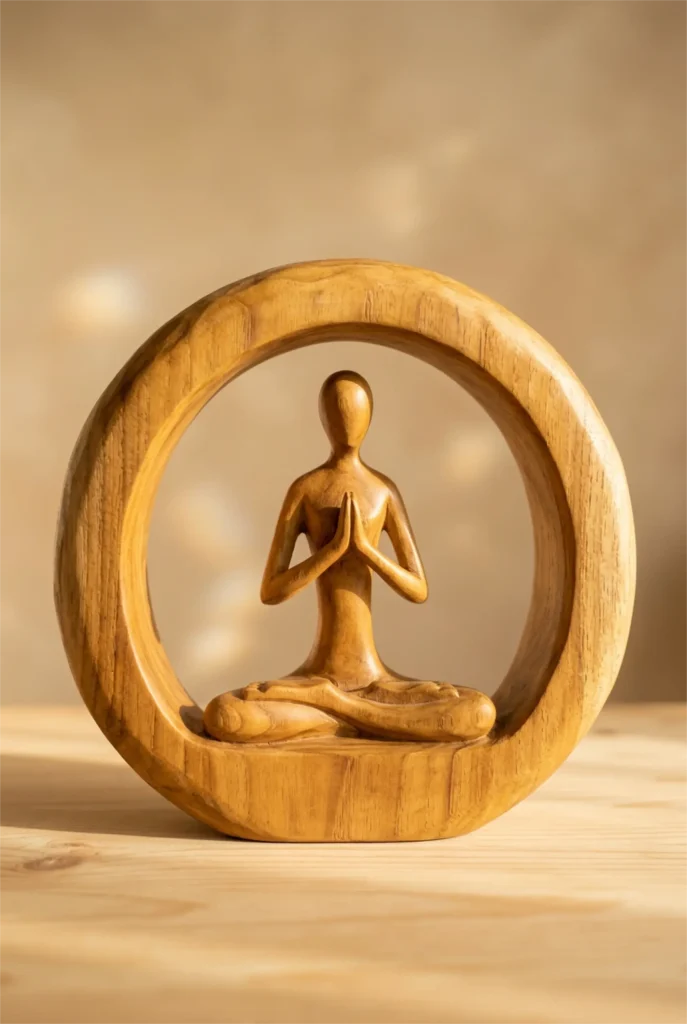 Figurine en bois en posture de méditation, mains jointes, dans un cercle