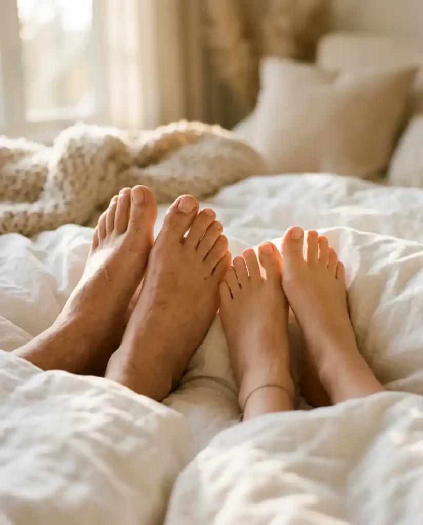 Deux personnes se reposant ensemble dans un lit confortable, dans une chambre baignée de lumière naturelle.